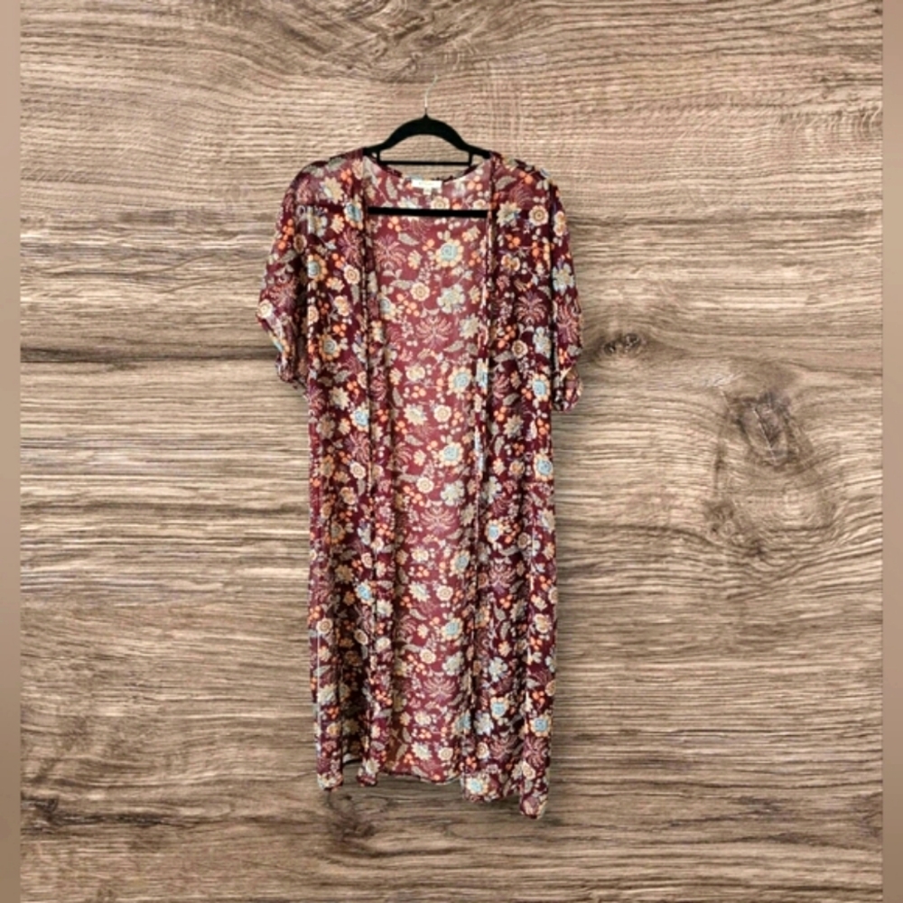 Persaya Maroon Chiffon Semi Sheer S/S Kimono Cover up Burgundy Floral Flowy Top